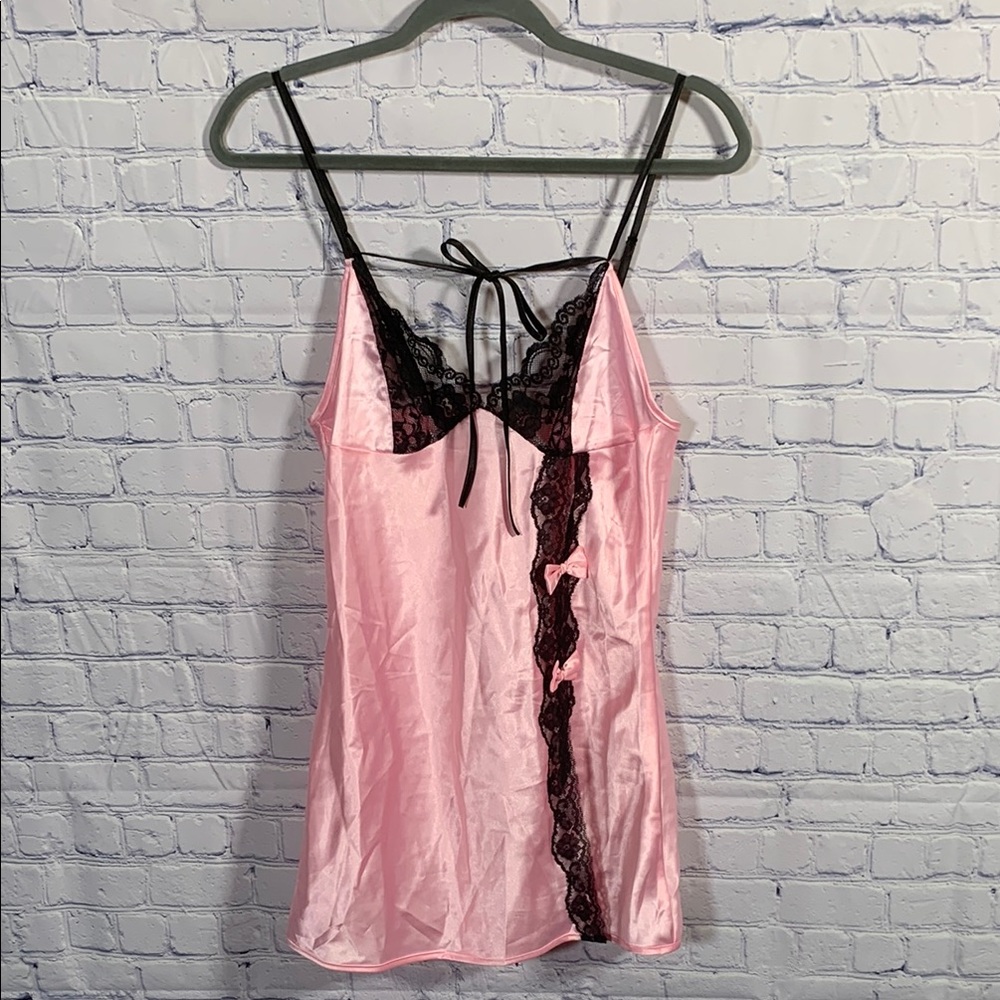 Elegant Moments Womens Vintage Babydoll Chemise M Pink Black Bow Lace Whimsigoth